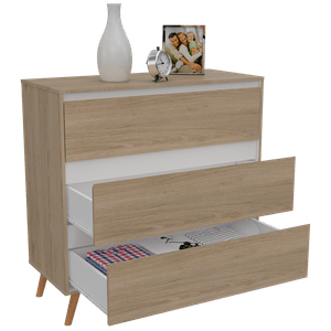 Organizador Durham, Beige y Blanco, con tres cajones amplios y patas en madera