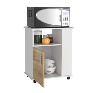 Módulo Microondas Tahara, Blanco, con rodachinas plásticas y amplio espacio para almacenar utensilios